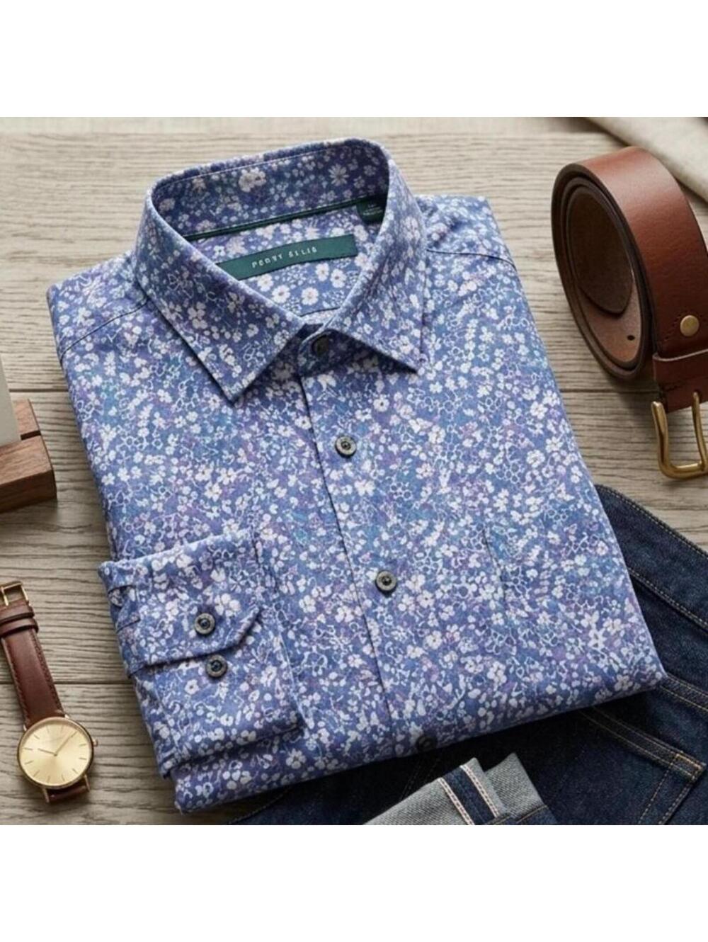Men's PERRY ELLIS Floral Royal Blue Bottom Down Size L 100% Cotton Quiet Luxury